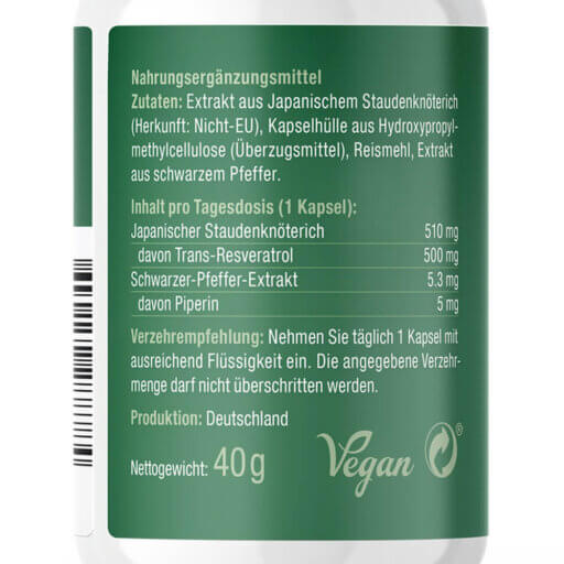 Resveratrol – sekundärer Pflanzenstoff 60 Kapseln - Etikette
